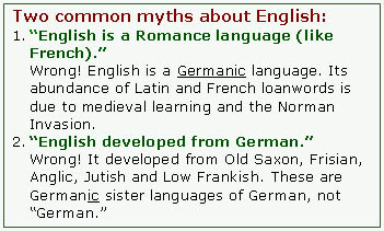 Two common myths about English:
1.	“English is a Romance language (like 
French).”
Wrong! English is a Germanic language. Its 
abundance of Latin and French loanwords is 
due to medieval learning and the Norman 
Invasion.
2.	“English developed from German.”
Wrong! It developed from Old Saxon, Frisian,
Anglic, Jutish and Low Frankish. These are 
Germanic sister languages of German, not
“German.”

